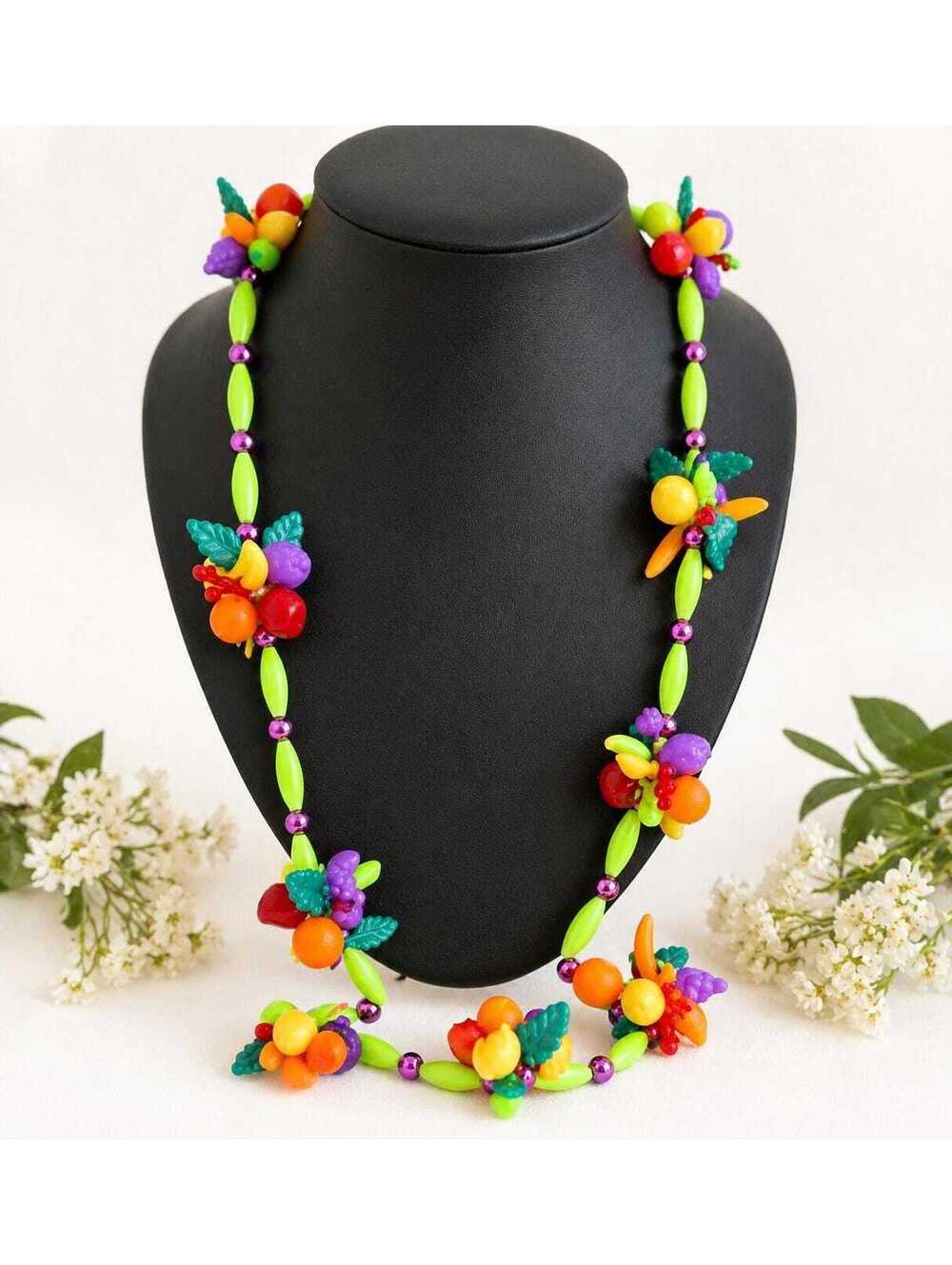 1960s Vintage Lucite Fruit Necklace, Colorful Novelty Beaded Strand Jewelry